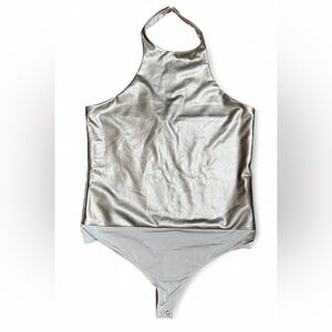 Express Silver Metallic Halter Bodysuit – Women’s L Stretchy Sleeveless Top NWT